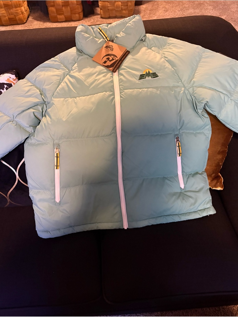 Eastern Mountain Sports Light Blue Puffy Jacket with White Trim BRAND NEW